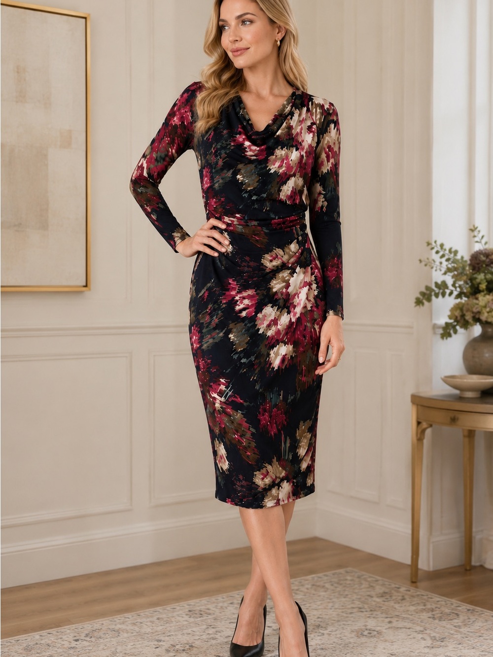 Floral Cowl-Neck Midi Dress in Black and Burgundy
